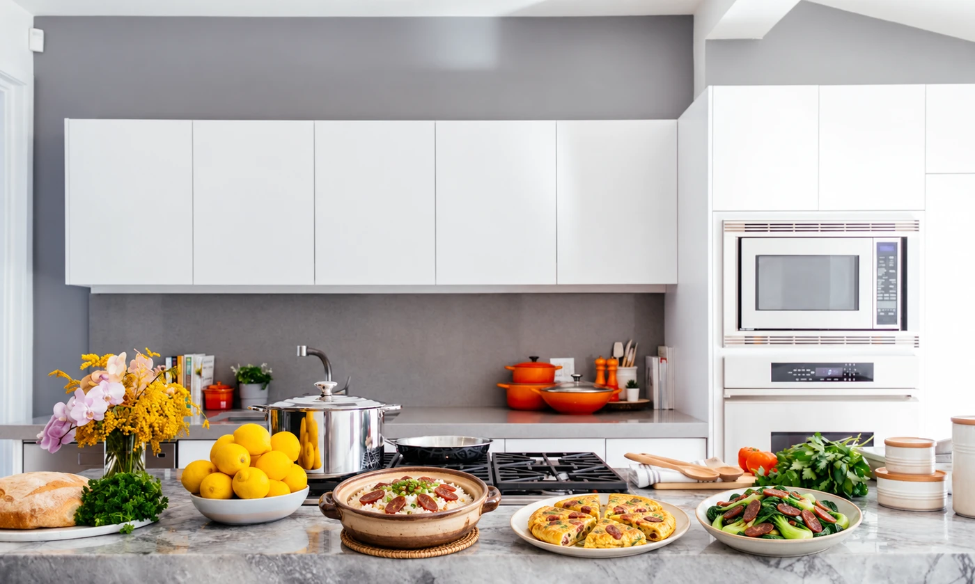 Kitchen counter with lap cheong claypot rice, omelette and stir-fried bok choy — illustrative photograph